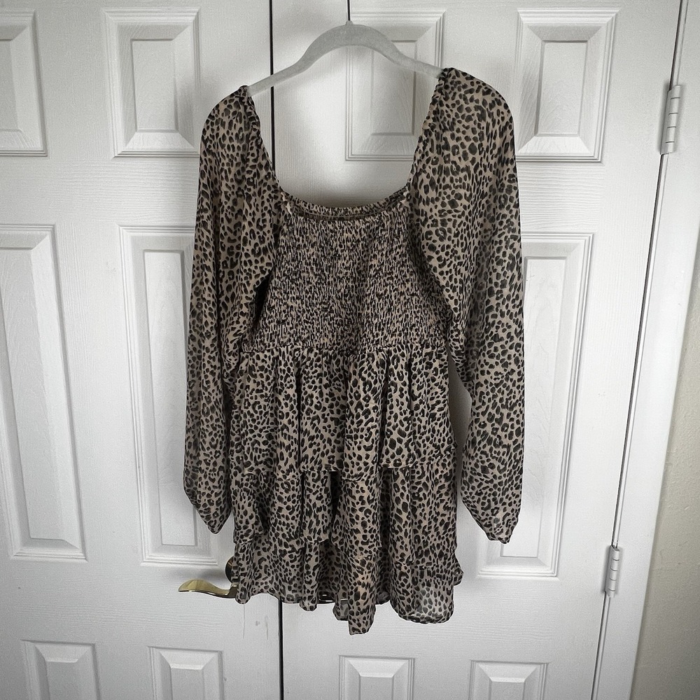 Entro Leopard Print Smocked Tiered Mini Dress Long Sleeve Romper Tan Black M